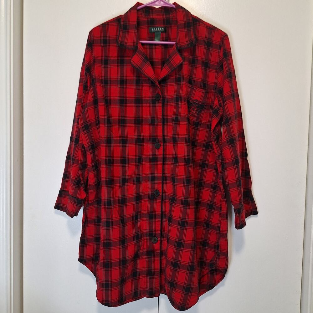 Lauren Ralph Lauren Cotton Flannel Plaid Sleep Shirt Dress Nightgown Size XL